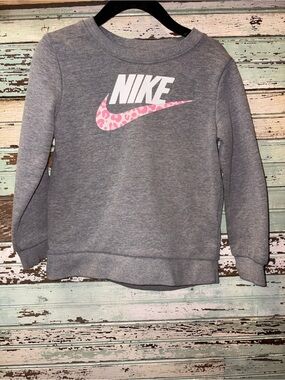 Nike Gray Crew Sweatshirt with Pink Leopard Swoosh